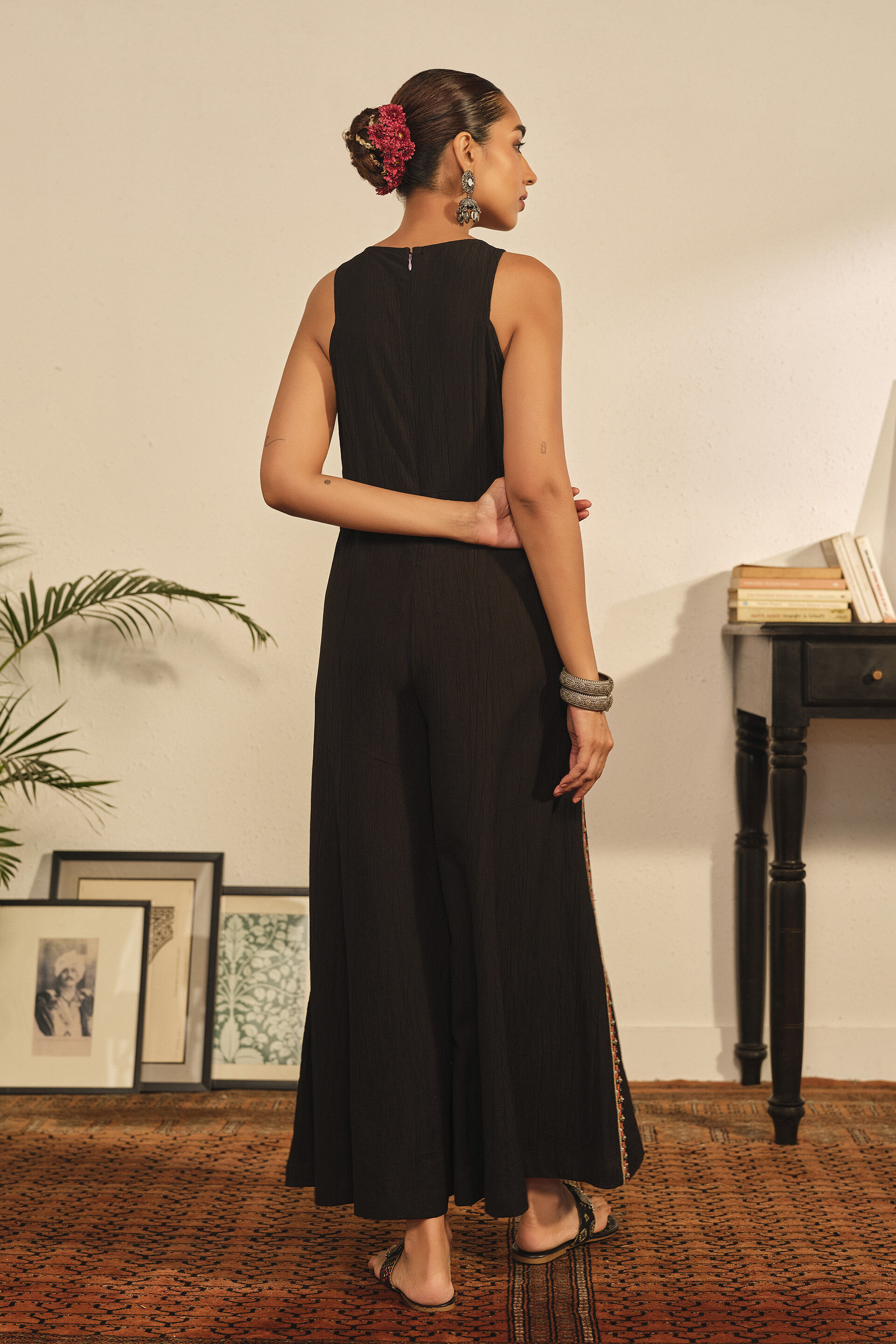 Embroidered Coin Jumpsuit in Black, Black, image 6